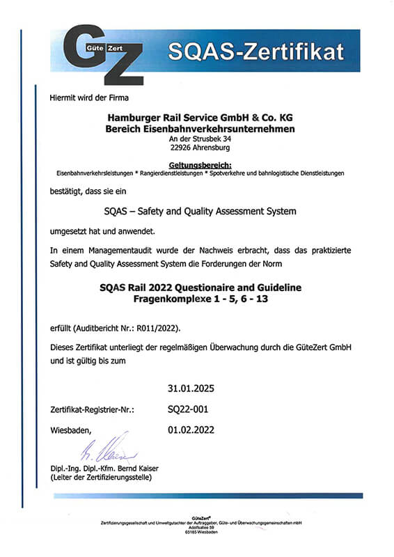 SQAS Zertifikat vom Hamburger Railservice
