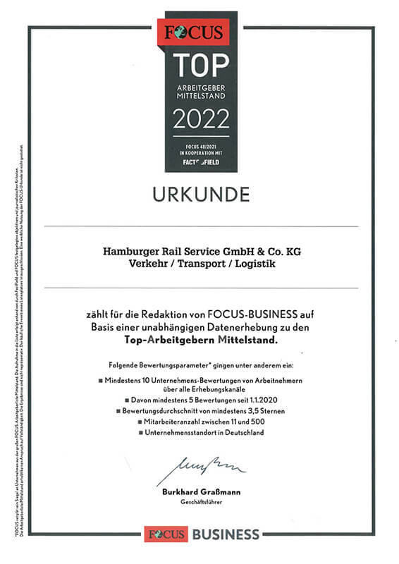 TOP Arbeitgeber 2022 - Hamburger Railservice